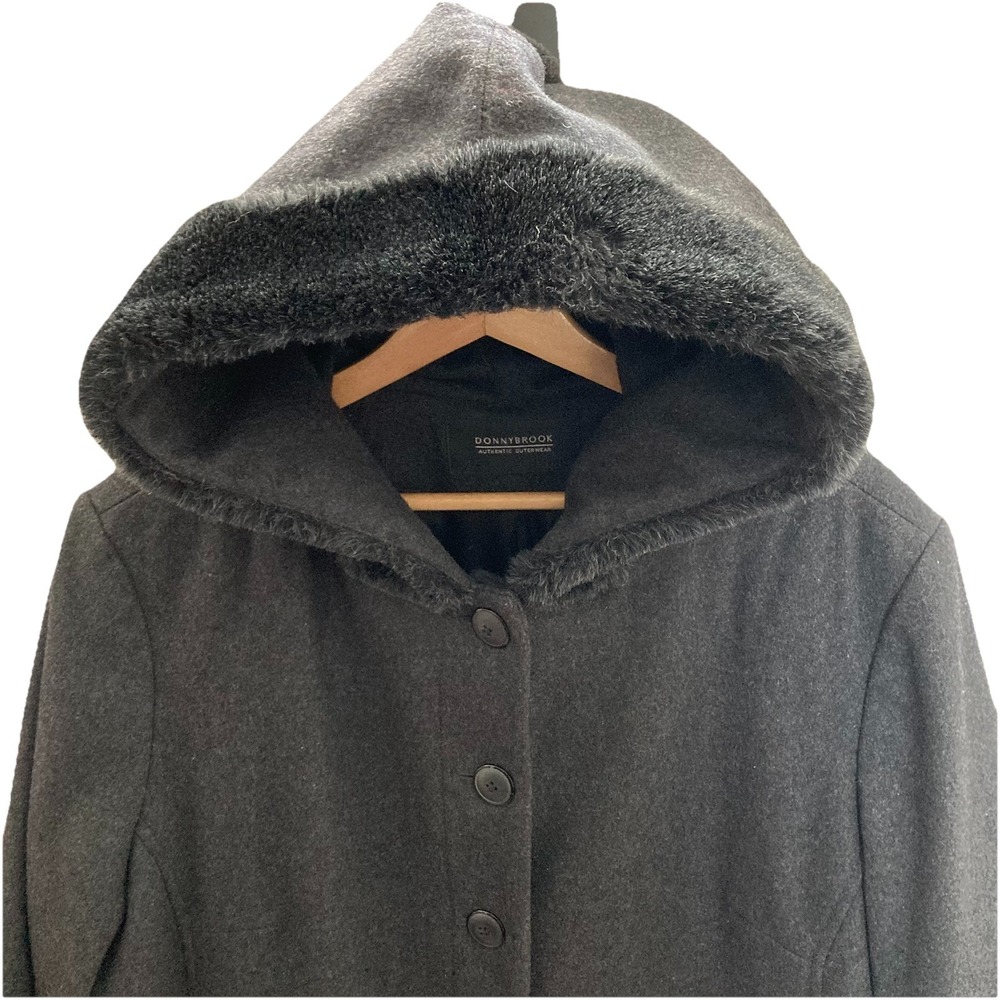 Donnybrook Long Wool Hooded Duster Trench Coat Maxi Gray Faux Fur Trim - Picture 2 of 9